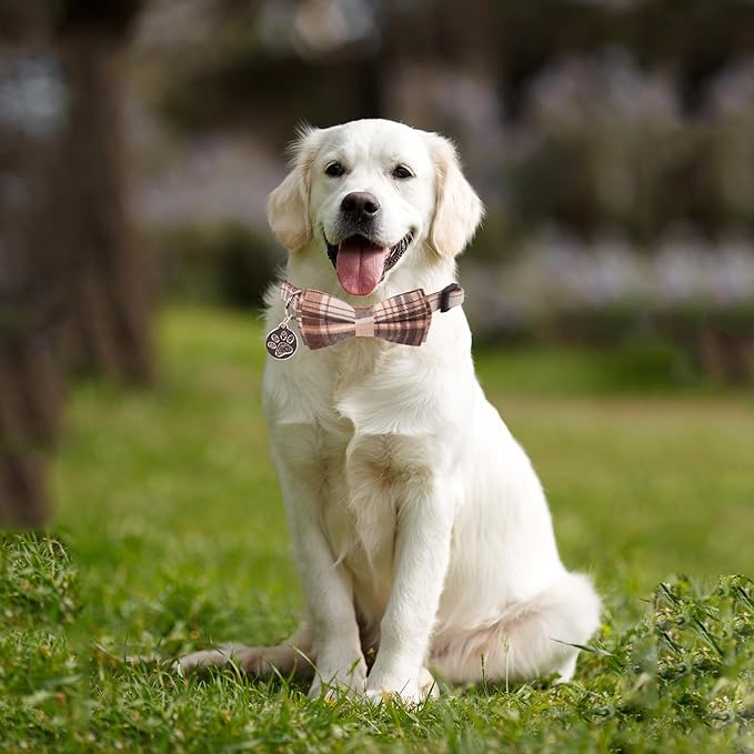 ADOGGYGO Soft Dog Collar, Brown Plaid Pet Collar with Detachable Bow Tie Adjustable Plaid Bowtie Collars for Small Medium Large Dogs Pets (Small)