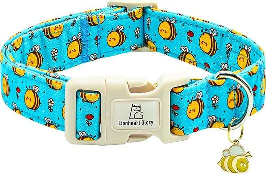 Lionheart glory Dog Collar, Bees Blue Dogs Collar Adjustable Soft Comfortable Collars for Large Dogs Girl or Boy Pet Gift Cute Spring Summer Collar