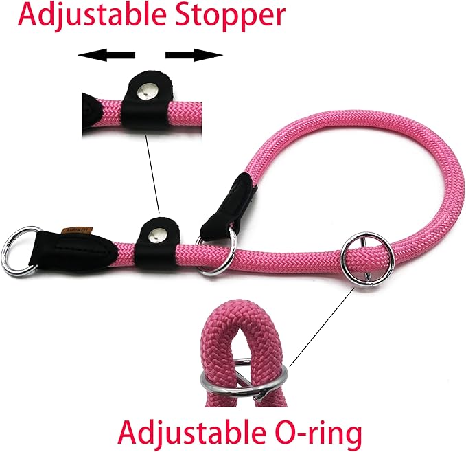 Braided Round Martingale Dog Collar, Training Collar with Slidable Stop Ring and Adjustable Stopper - Ideal for Extra Large Dogs (XL(1/2") - 24" Long, Pink)