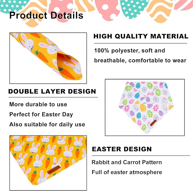 ADOGGYGO Easter Dog Bandana, Egg Rabbit Carrot Pet Scarf, Premium Durable Fabric, White Orange Easter Bandanas for Extra Large Dogs Pets (X-Large)