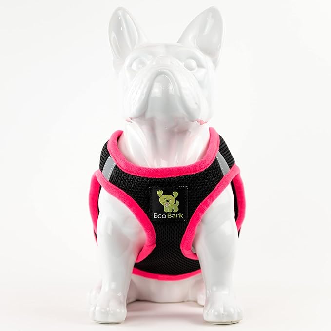 EcoBark Step in Dog Harness - Eco-Friendly Teacup Dog Harnesses for XXS, XS, and Small Dogs - Reflective and Adjustable Mini Body Halter Vest -Tiny Soft Mesh Toy Breed Harness (XXXS, Black and Pink)