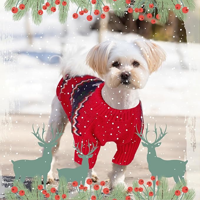 Queenmore Knitted Pullover Christmas Sweater - Turtleneck Dog Christmas Outfit, Warm Dog Sweaters for Small Dogs, Boys or Girls XL
