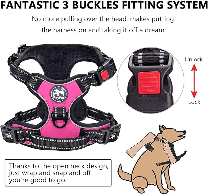 PoyPet Dog Harness and Leash Combo, Escape Proof No Pull Vest Harness, with 5 Feet Leash, Reflective Adjustable Soft Padded Pet Harness with Handle for Small to Large Dogs(Pink,M)