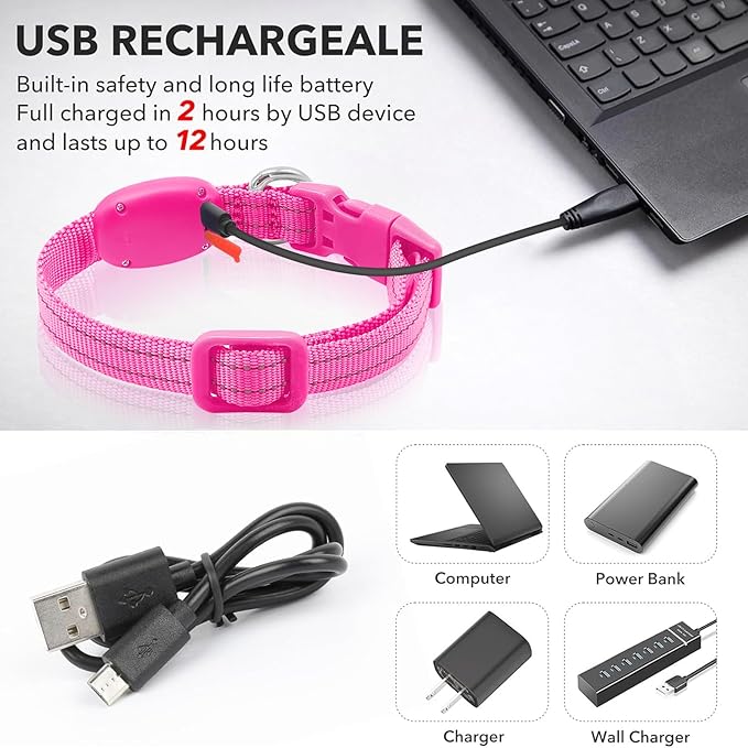 Illumifun LED Dog Collar USB Rechargeable Light Up Dog Collar, Adjustable Safety Collar Light for Small Dogs Cats Glow in The Dark (Pink, X-Small)