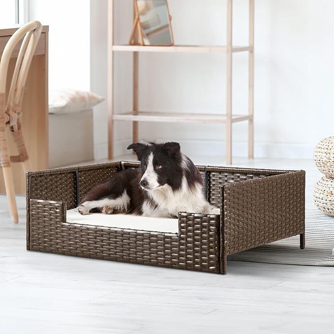YITAHOME Rattan Dog Sofa Bed with Cushion,Wicker Pet Bed Sofa Couch Indoor Outdoor Water Resistant for Large Medium Small Dogs Cats (34.6''L*23.6''W*11.8''H,Beige)