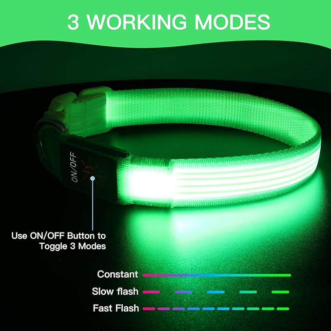 YFbrite Light up Dog Collar, USB Rechargeable LED Puppy Collar Super Bright Adjustable Glowing Dog Lights for Night Walking (Design 2-Green, Large)