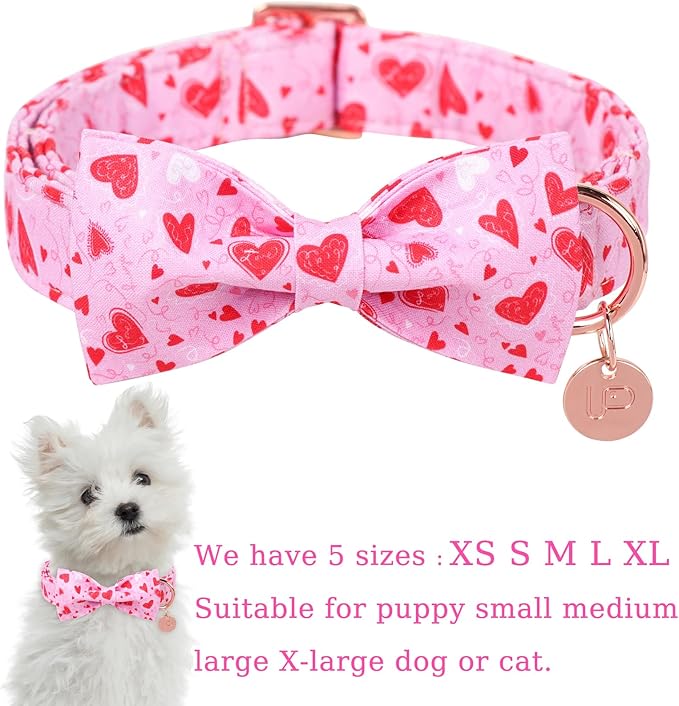 Valentine’s Dog Collar with Bow Tie, Pink Heart Bowtie Collar with Metal Buckle, Valentine’s Gift Pet Collar for Puppy Girl Boy Dog or Cat, Wedding Dog Collar, L