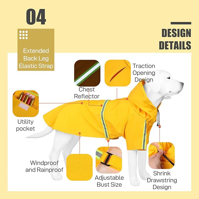 Large Dog Raincoat with Adjustable Hood & Full Coverage - Waterproof & Reflective
