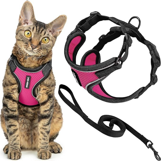 Voyager Escape Proof Cat Harness and Leash Set with Reflective Stitching, Neoprene Handle 5ft - Supports Small, Medium and Large Cats, Kittens for Walking by Best Pet Supplies - Black Trim-Fuchsia, S