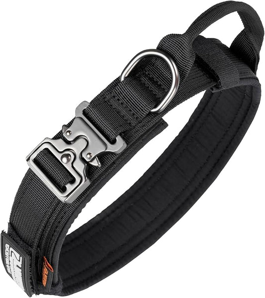 EXCELLENT ELITE SPANKER Tactical Dog Collar Nylon Adjustable Training Collar Military Dog Collar Heavy Duty Metal Buckle with Control Handle for Medium and Large Dogs with Patches(Black-L)