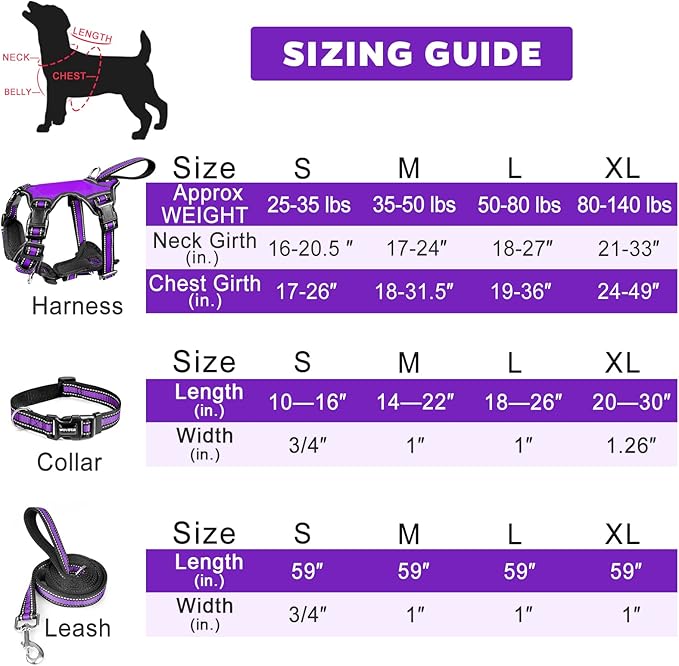 WINSEE Pet Harness Collar and Leash Set, All-in-one Reflective Dog Harness No Pull with Adjustable Buckles for Puppies, Small, Medium, Large, and Extra-Large Dogs (Small, Purple)