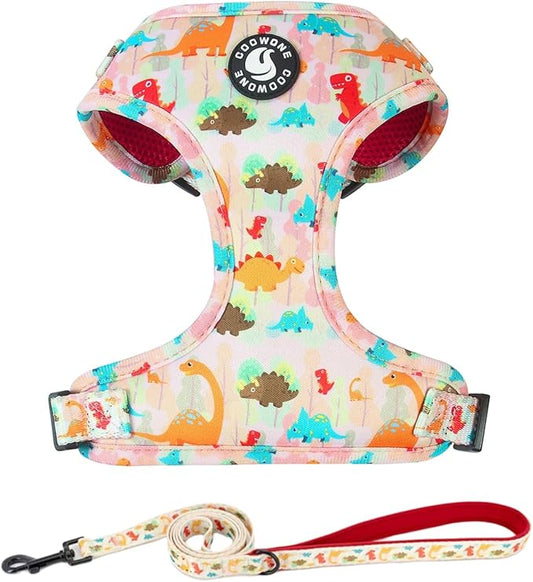 Adjustable Dog Harness and Leash Set for Girl Air Mesh Dog Vest Harness 5Ft Dog Training Leash with Soft Handle Pet Escape Proof for Small Medium Large Dogs (Dinosaur, S)