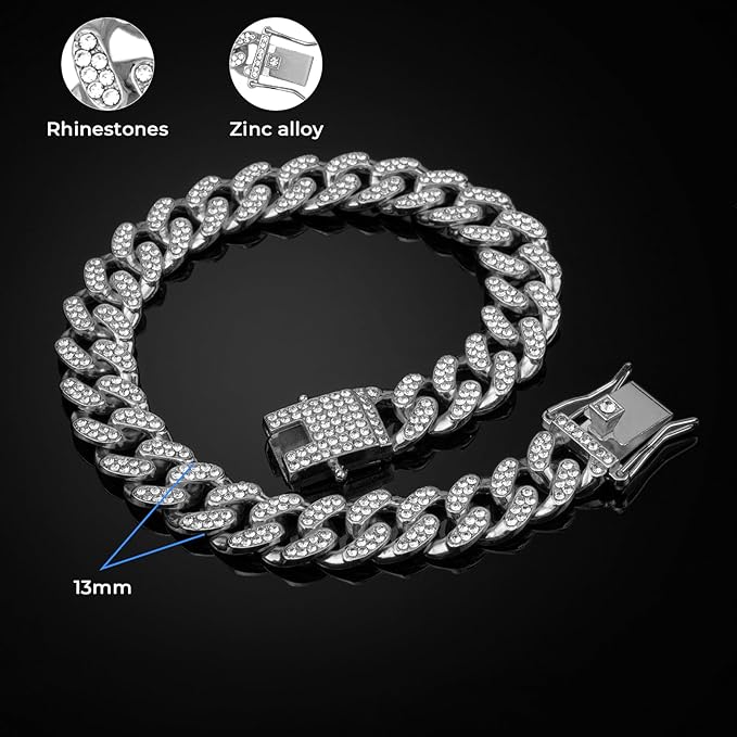 Dog Chain Collar Silver Dog Necklace Diamond Cuban Link Dog Collar 13mm Wide Metal Pet Cat Dog Chain Crystal Collar Jewelry Accessories for Large Medium Small Dogs Cats(Silver,24 Inch)