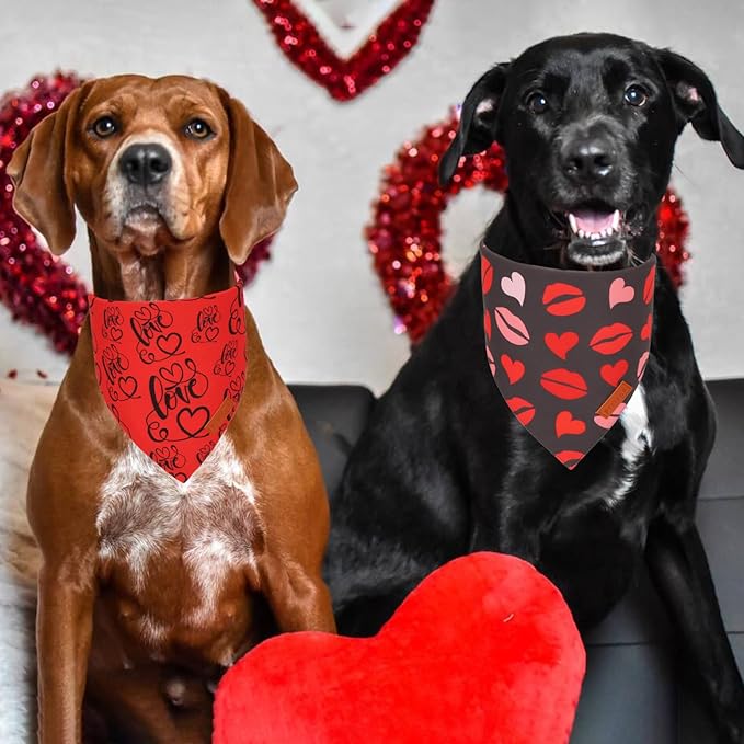 PTDECOR Valentine Dog Bandana,Black Red Lip Love Heart Design Reversible Dog Scarf, Triangle Valentine Bandanas for X-Large Pets (X-Large)