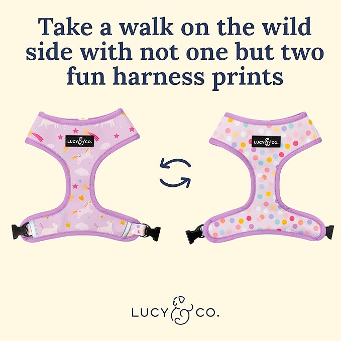 Lucy & Co. Cute Reversible Dog Harness Walking Halter - Best Designer Pet Harnesses for XS - XL Dogs - Padded Adjustable Vest for Easy Walking (Large, Unicorn Magic - Purple & Pink Unicorns)