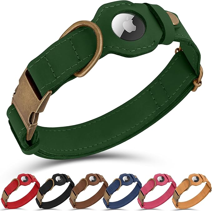 AirTag Dog Collar - Genuine Leather Dog Collar with Apple AirTag Holder and Metal Buckle - Smart GPS Tracking Pet Collars for Small Medium Large Dogs Puppy (Dark Green, XL, 20"-25" Neck Fit)