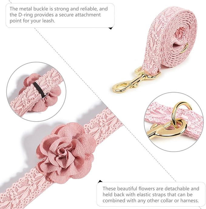 Large Dog Harness and Leash Set, Adjustable No Pull Pet Halter Harness with Flower & Metal Buckle, Easy Control for Training Walking, Pink,M