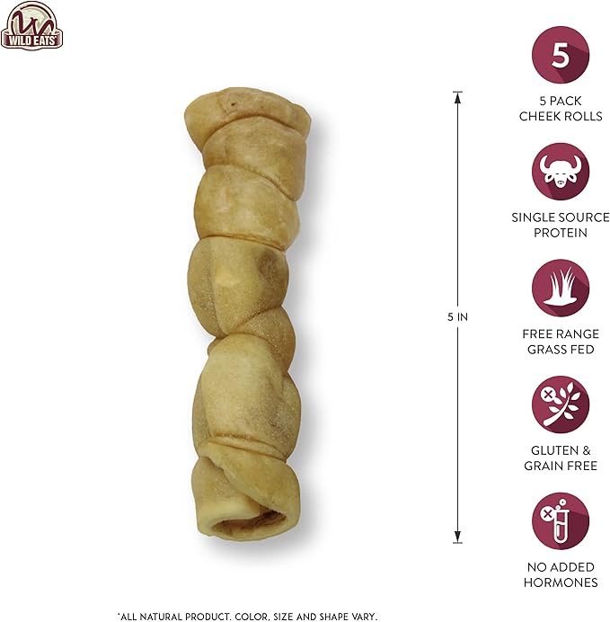Water Buffalo Retriever Style Cheek Roll Dog Chews-5 Pack (Long Lasting Chews, Treats, Bones for Aggressive Chewers & Large Dogs) Great Substitute Pig Ears Dogs