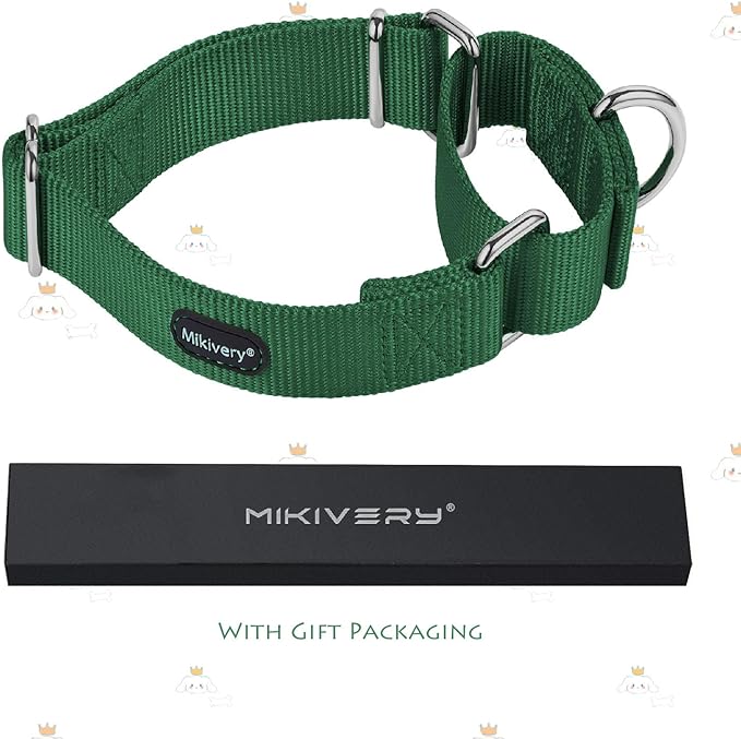 Mikivery Martingale Dog Collar Nylon Adjustable and Safety Training Colourful Comfortable Metal Buckle Pet Collars for Small Medium and Large Dogs(Dark Green,L)