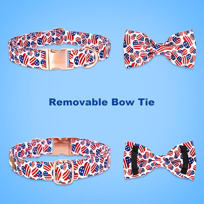 Tunkoo American Flag Dog Collar with Bow Tie Super Cute Heart, Adjustable and Stylish Pet Collar with Metal Buckle, Available in Small, Medium, Large M