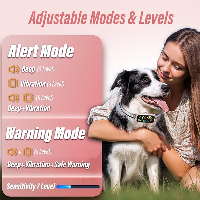 Bark Collar, Dog Bark Collar for Large Medium Small Dogs, Smart Barking Collar, Effective Anti Bark Collars for Dogs, Automatic Bark Collar Adjustable Beep Vibration Modes & 7 Sensitivity Pink