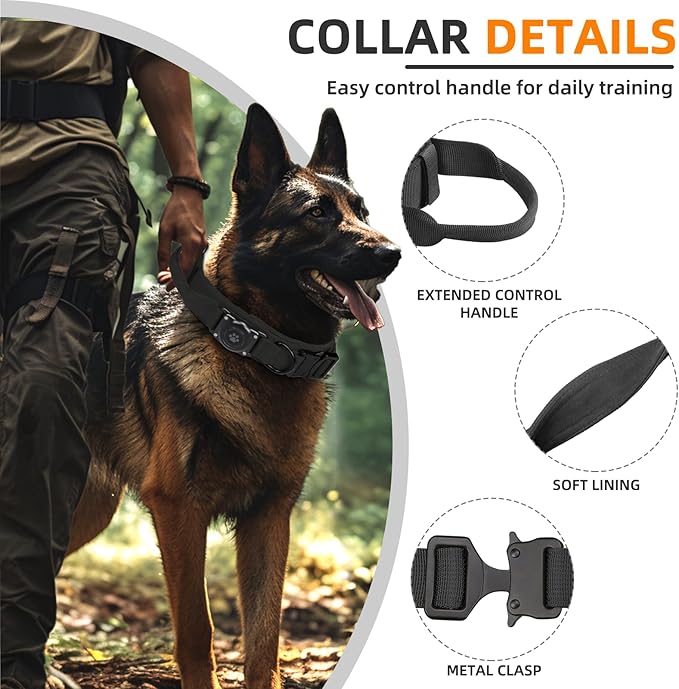 Tactical AirTag Dog Collar, 100% Waterproof Integrated Apple Air Tag Dog Collars with Hard PC AirTag Holder, Adjustable Military Collar with Handle, GPS Dog Collar for Medium Large Dogs (XL, Black)