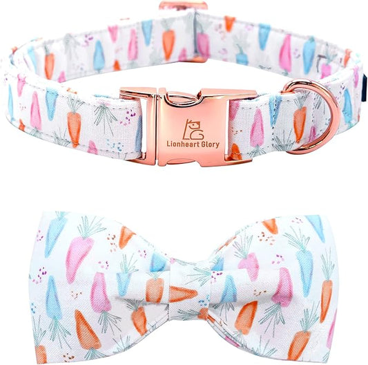 Lionheart glory Easter Dog Collar with Bow Tie Carrot Print Dog Collar Girl or Boy Soft Durable Adjustable Collar Bows Spring Collar Dog Bow for Large Dogs