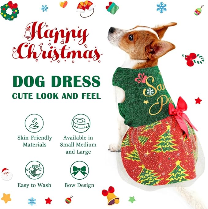 Dog Christmas Outfit and Costume - Funny Puppy Dress With Bow for Small and Large Dogs - Pumpkin Witch Bat Pet Halloween Clothes