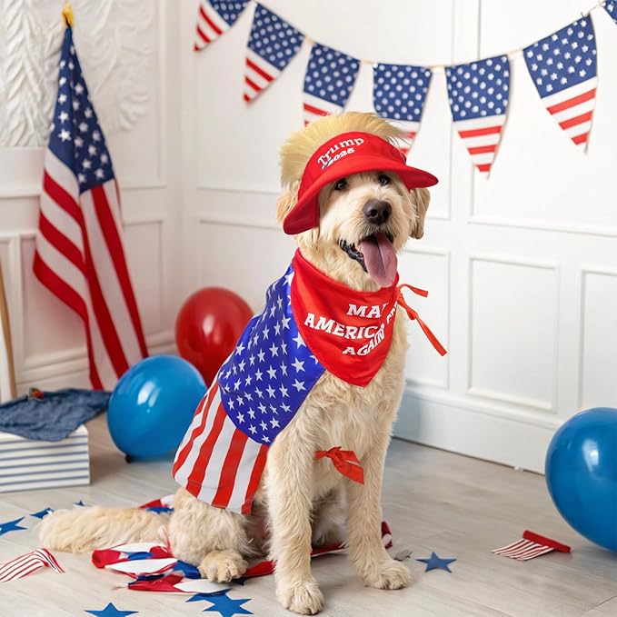 SCENEREAL 4th July Dog Costume Independence Day Pet Outfit Set Holiday Clothing Accessories Includes Dog Wig Hat, American Flag Cape and Patriotic Bandana for Medium Dogs