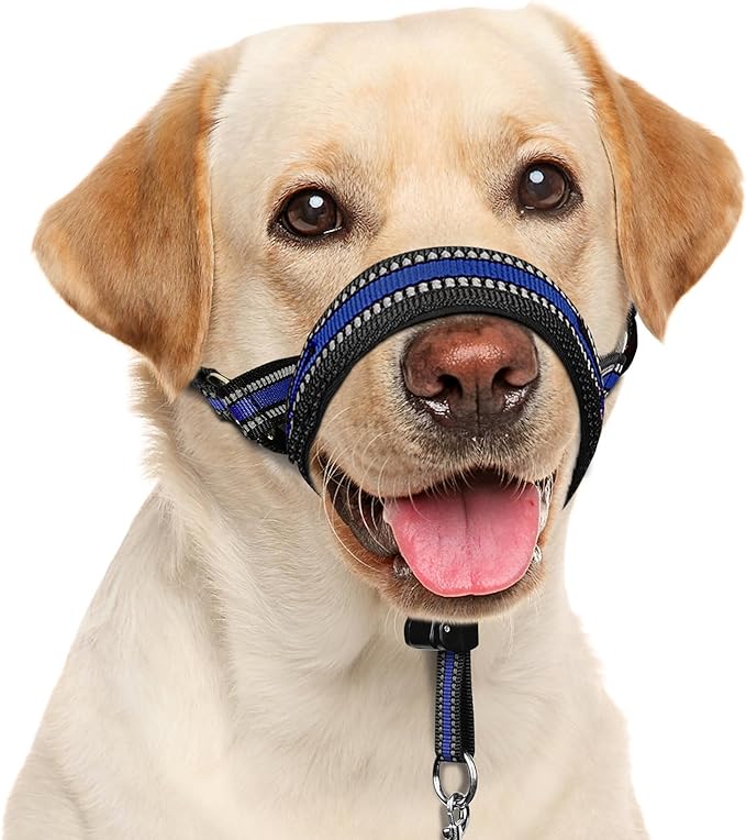 BARKLESS Soft Dog Head Collar, Patented Padded No Pull Head Halter, Training Nose Leash with Safety Link for Medium Large Dogs, Adjustable Muzzle Leash, Easy Control for Walking(Blue, L)