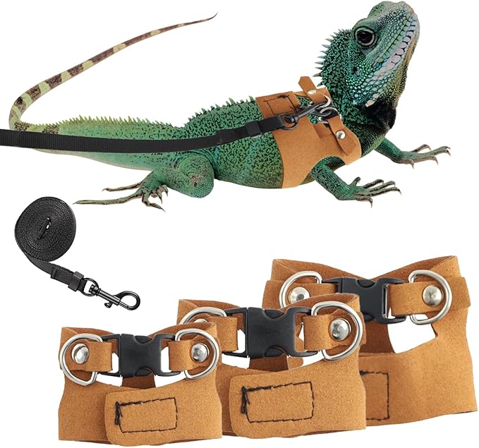 3 Pack Bearded Dragon Leash and Harness Set,Three Sizes Bearded Dragon Harness and Leash,Adjustable,Suitable for Small Reptiles (Brown)