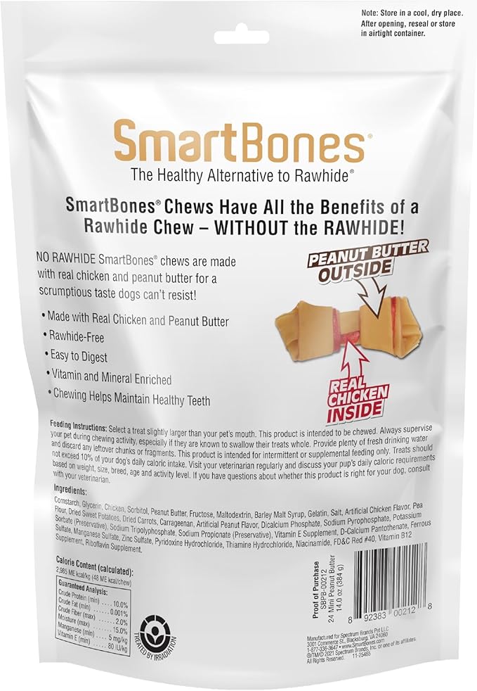 SmartBones Mini Chews With Real Peanut Butter 24 Count, Rawhide-Free Chews For Dogs