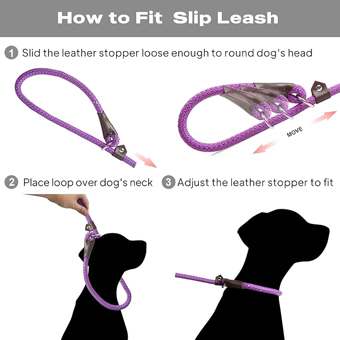 TwoEar Dog Slip Rope Leash - 6FT Heavy Duty Training Leash with Reflective Threads for Small to Large Dogs (Slim(3/8''x6ft), Purple)
