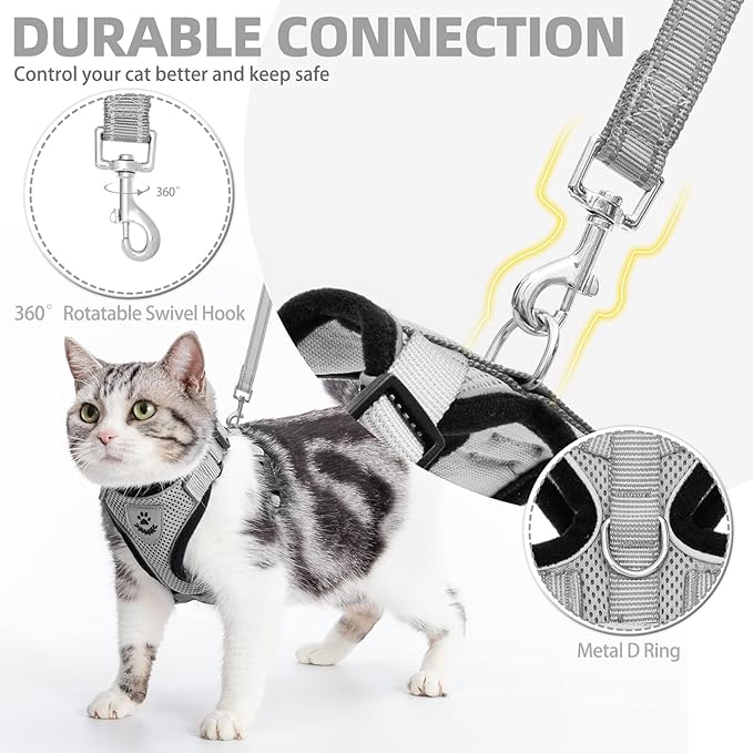 PUPTECK Cat Harness and Leash Set Escape Proof Reflective Cat Walking Harness Adjustable Soft Breathable Mesh Vest for Small Pets, Grey, M
