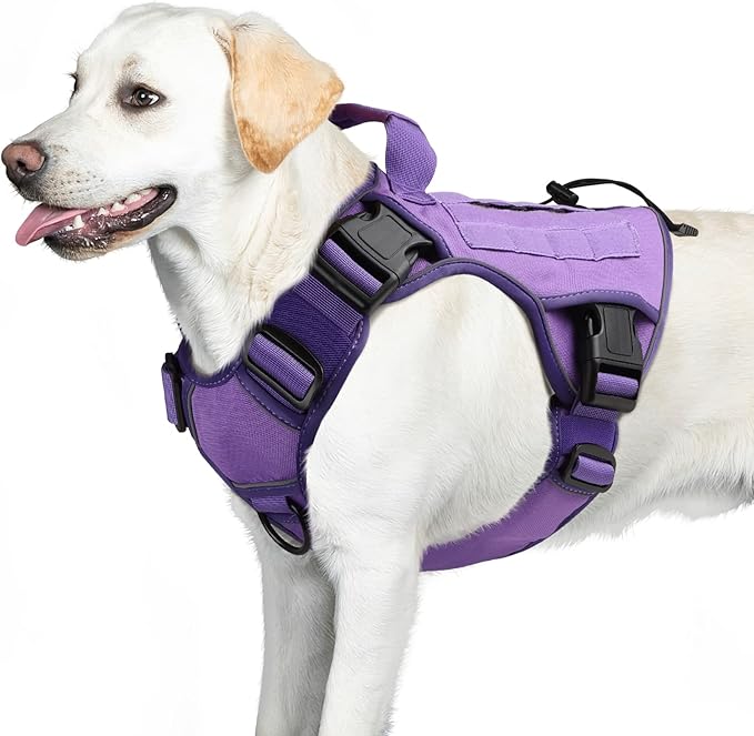 WINGOIN Purple Tactical Dog Harness Vest with Handle Tactical Dog Harness for Large Dogs No Pull Adjustable Pet Harness Reflective K9 Military Service Dogs Harnesses for Walking Hiking Training (L)