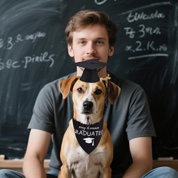 PUPTECK Dog Graduation Bandana Outfit Scarf with Cute Doggy Cap, Costume Decorations Supplies for Small Medium Large Dogs Boy Girl Gifts, Black