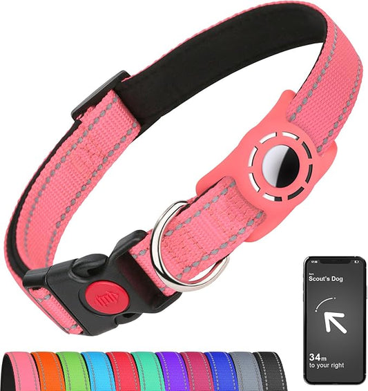 Airtag Dog Collar with AirTag Holder for Medium Dogs, Reflective, Soft Padded & Safety Locking Buckle, Nylon Pet Collars Adjustable for All Breeds, Pink,M