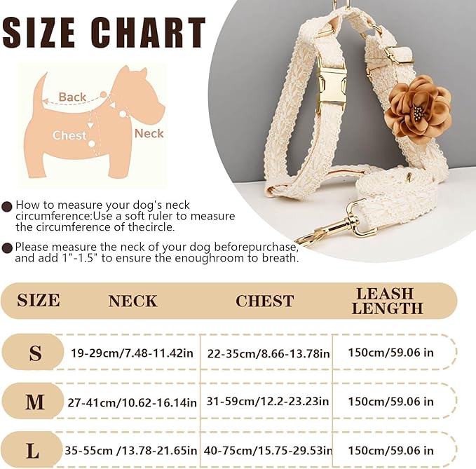 Dog Harness and Leash Set Metal Clasp Adjustable Cotton Embroidered No Pull for Dog Wedding Birthday Outfit,M