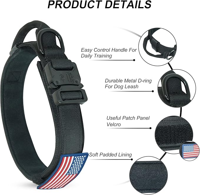 Hotsky Tactical Dog Collar, Adjustable Military Training Nylon Airtag Collar with Handle and Heavy Duty Metal Buckle for Medium Large Dogs, with Airtag Holder and Two Patches(Black,L)
