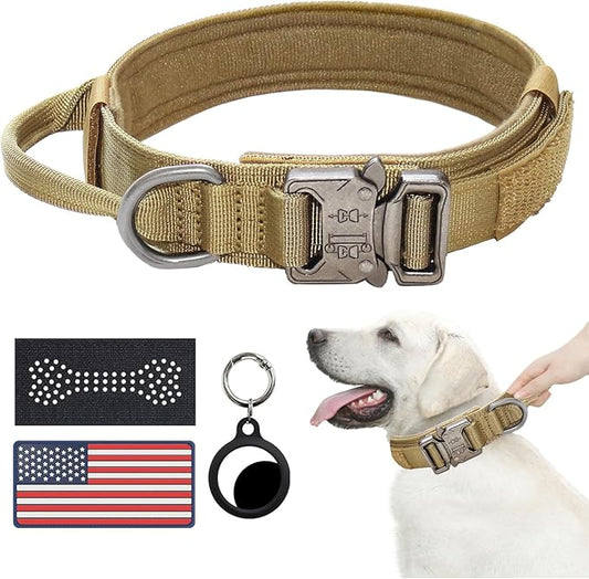 Hotsky Tactical Dog Collar, Adjustable Military Training Nylon Airtag Collar with Handle and Heavy Duty Metal Buckle for Medium Large Dogs, with Airtag Holder and Two Patches(Brown,M)