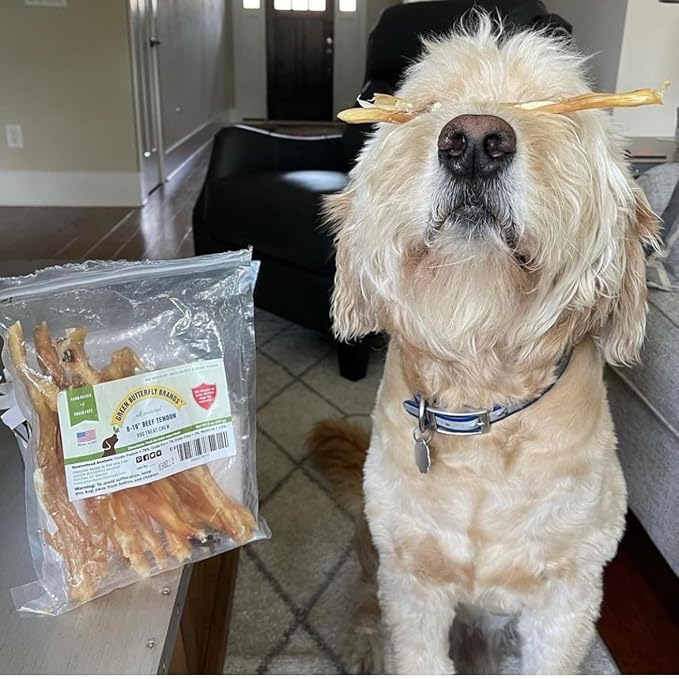 Beef Tendons for Dogs Made in USA. 6-10 Inch Grass Fed Farm-Raised American Beef Dog Treats. All Natural Dog Dental Chews. Grain Free Odor-Free Beef Dog Chews 8 Ounce