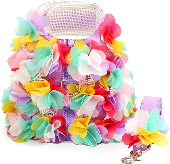 Cute Dog & Cat Harness Set - Purple Lace Floral Girl Puppy Harness - Soft Mesh, Escape Proof, Small Sizes