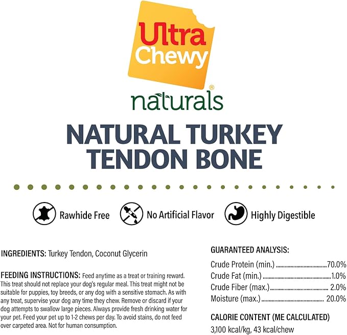 Ultra Chewy Turkey Tendon Knotted Bones for Dogs - Premium All-Natural, Hypoallergenic, Long-Lasting Dog Chew Treat, Easy to Digest - Ingredient Sourced from USA (3.5 Inch - 4 Pack)