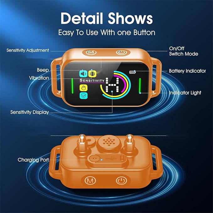 DINJOO Bark Collar, Dog Bark Collar for Large Medium Small Dogs,Smart Bark Collar,Rechargeable Anti Barking Training Collar with 8 Adjustable Sensitivity,Bark Collar with Beep (Orange)