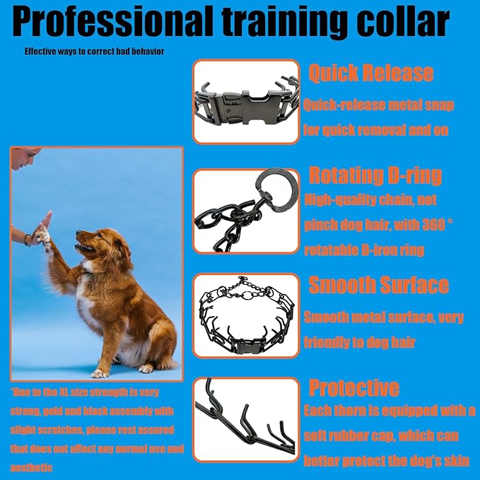 Prong Training Collar for Dogs, Adjustable Dog Pinch Collar with Quick Release Buckle, No Pull Collar for Small Medium Large Dogs, Extra Link and Caps