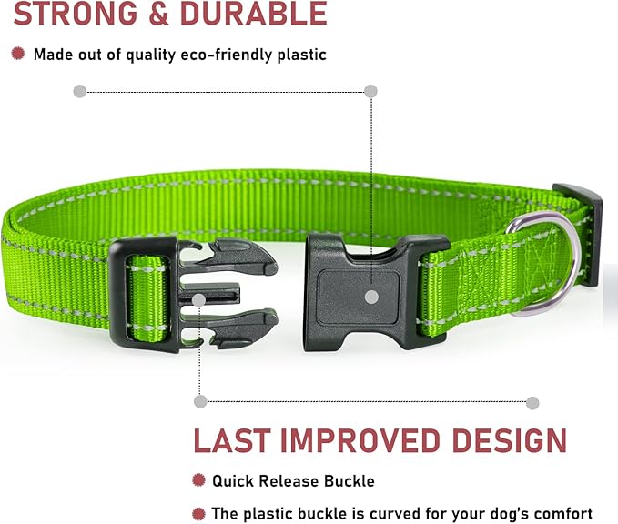 Reflective Dog Collar with Buckle Adjustable Safety Nylon Collars for Small Medium Large Dogs, Grass Green M