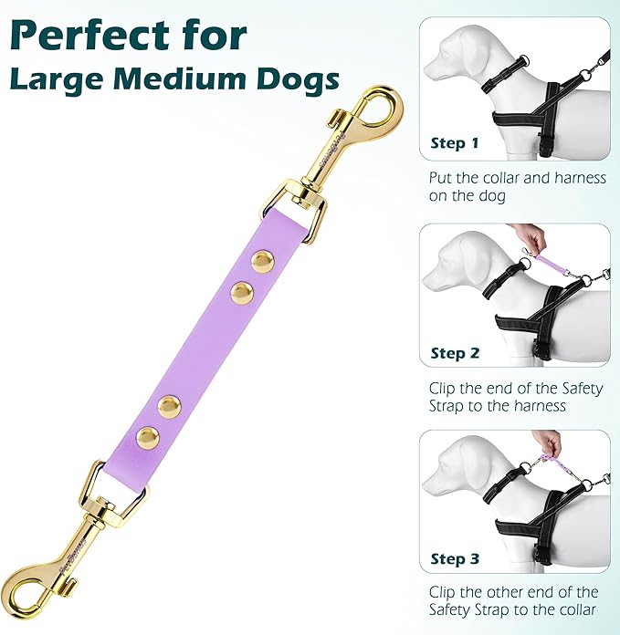 PetBonus Dog Collar Safety Clip, Waterproof Backup Safety Strap for Dog Harness to Prong Collar, Odor Proof Double Ended Clasp Leash Connector for Training Walking (Purple)