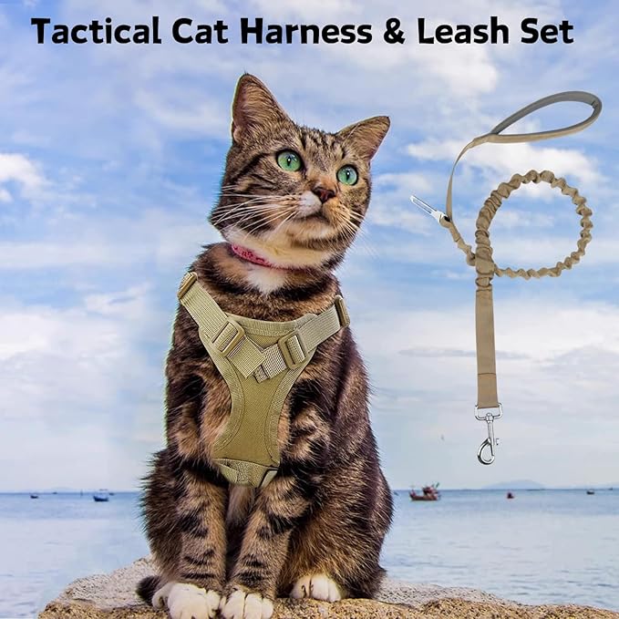 Tactical Cat Harness and Leash Set for Walking Escape Proof Adjustable Large Cat Vest Harness with Patches Soft Mesh Padding Rubber Handle Easy to Control (Khaki Harness & Leash)