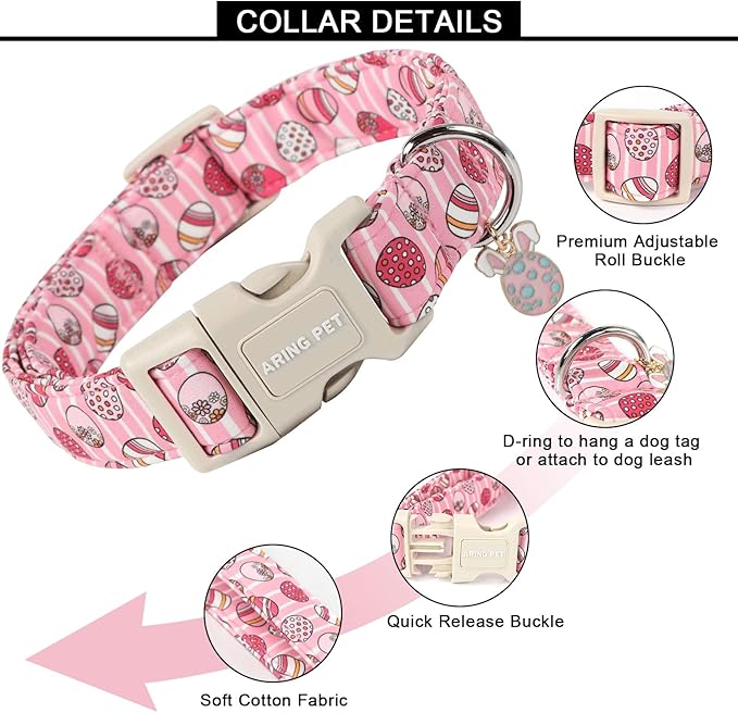 ARING PET Dog Collar - Cute Pink Striped Collar with Easter Eggs, Adjustable Quick Release Buckle for Dogs