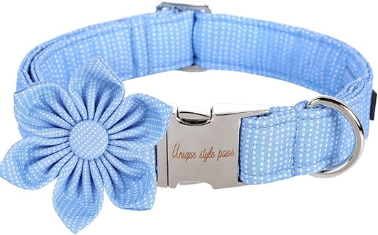 Unique style paws Dog Collar with Flower Tie Blue Dot Summer Dog Collar for Small Medium Large Dogs with Adjustable Metal Buckle -XS